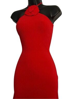 Red Halter Midi Dress with Floral Neck Accent